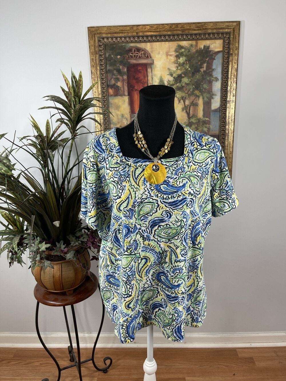 Kim Rogers Curvy 1X Paisley‎ Print Top Blue Green Yellow Short Sleeve Cotton